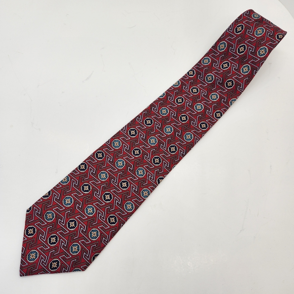 Christian Dior necktie red 100% silk tie geometric foulard formal Made in USA